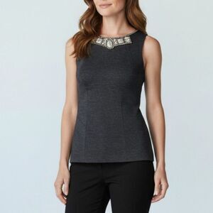 CAbi The Glitz Shell Grey Jeweled Sleeveless Ponte Knit Blouse